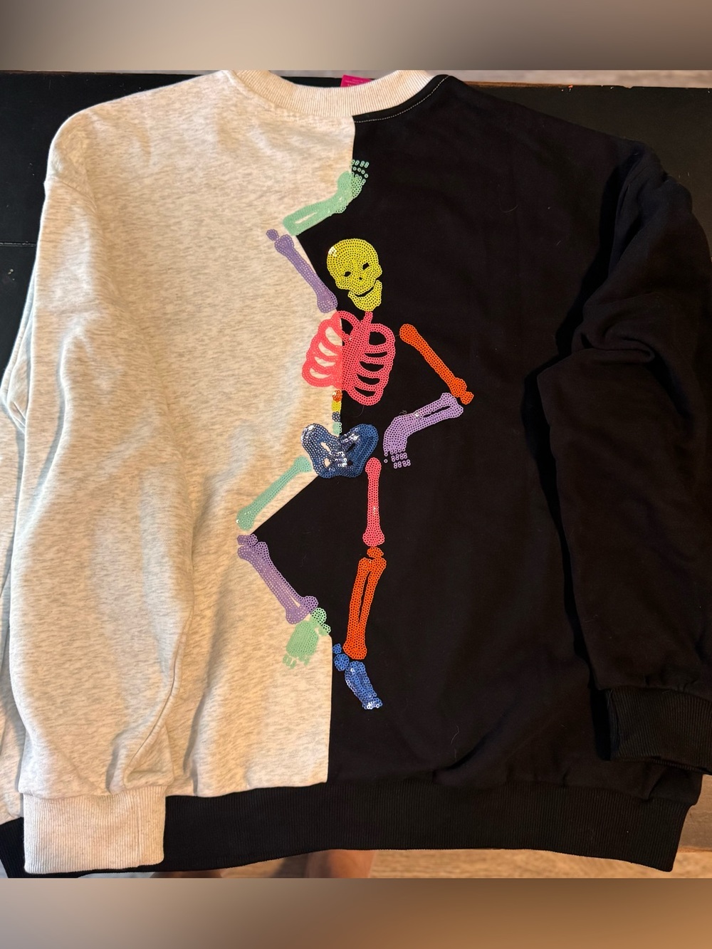 Queen of Sparkles Colorblock Black/Gray Sequin Skeleton sweatshirt- size Large! - Picture 3 of 4